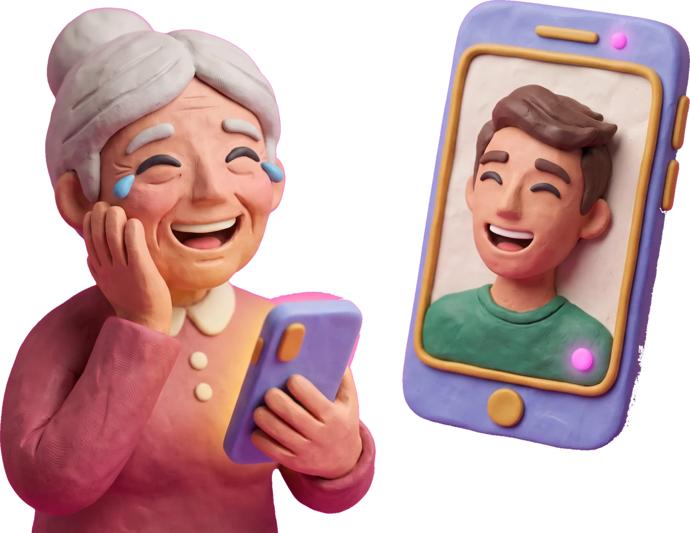 A clay grandmother laughing with happy tears while a phone shows a young man watching live