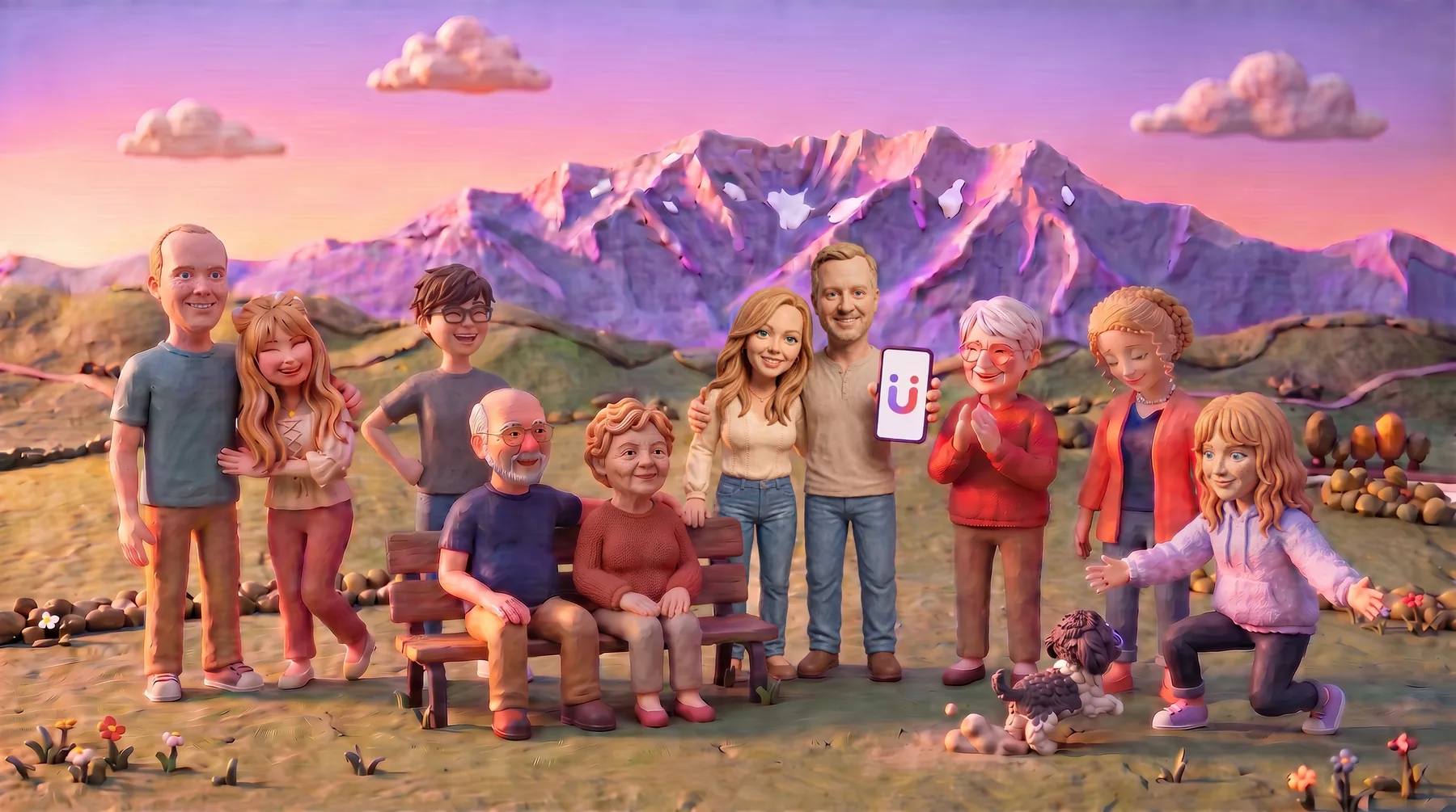 The WakieUp family as claymation puppets in a meadow in Heber City, Mount Timpanogos behind them