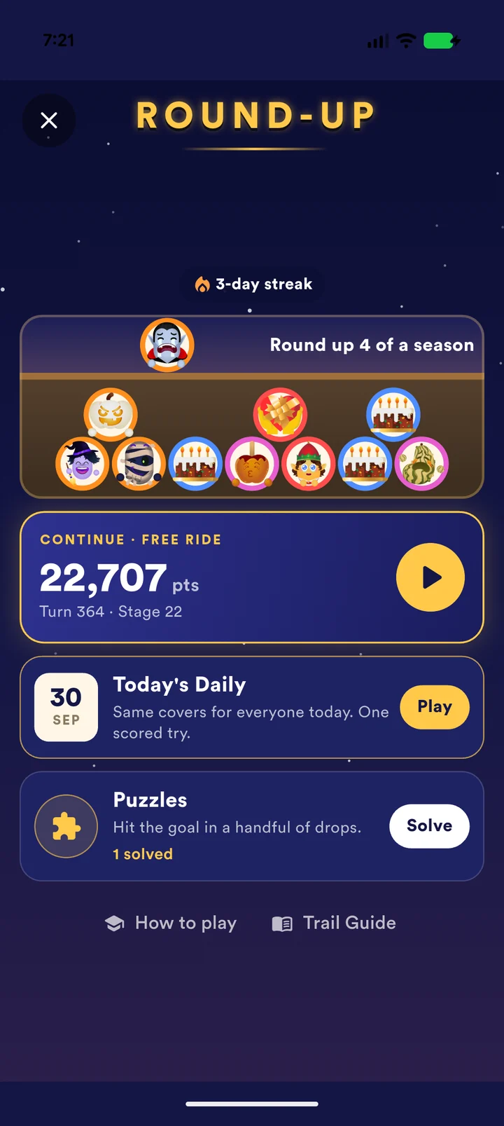 The Round-Up game hub with a free ride, Today’s Daily, and Puzzles
